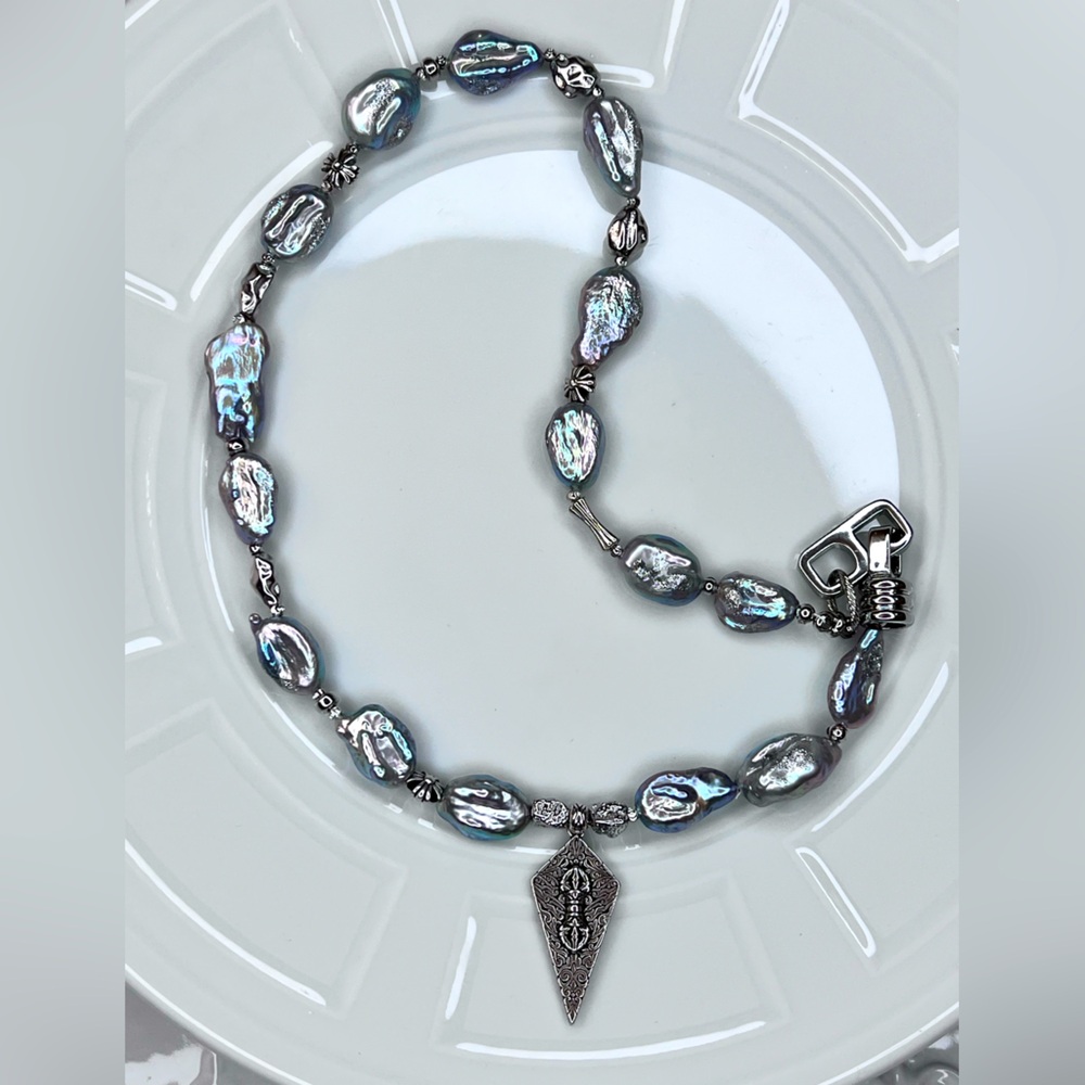 🥳🥳 Handmade Freshwater Ice Blue Color Keshi Pearl Unique Necklace